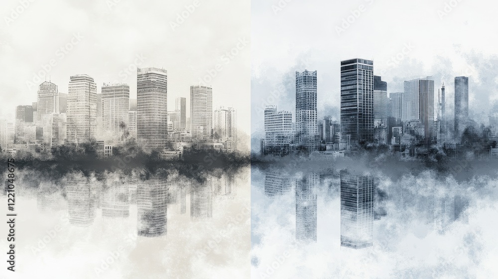 Fototapeta premium Abstract cityscape divided by a line of clear air and smog, highlighting pollution contrast, [air quality awareness], [haze concept].