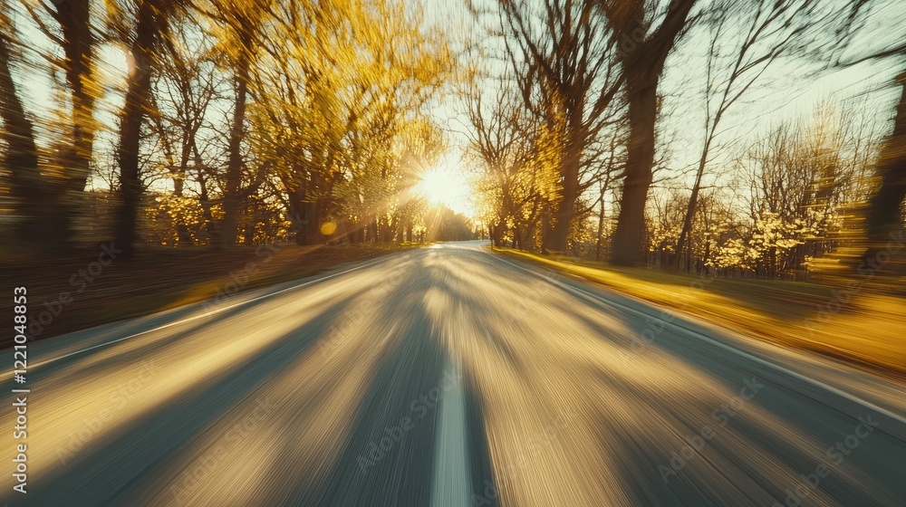 Fototapeta premium Sunset Drive Through Autumn Trees Along Country Road