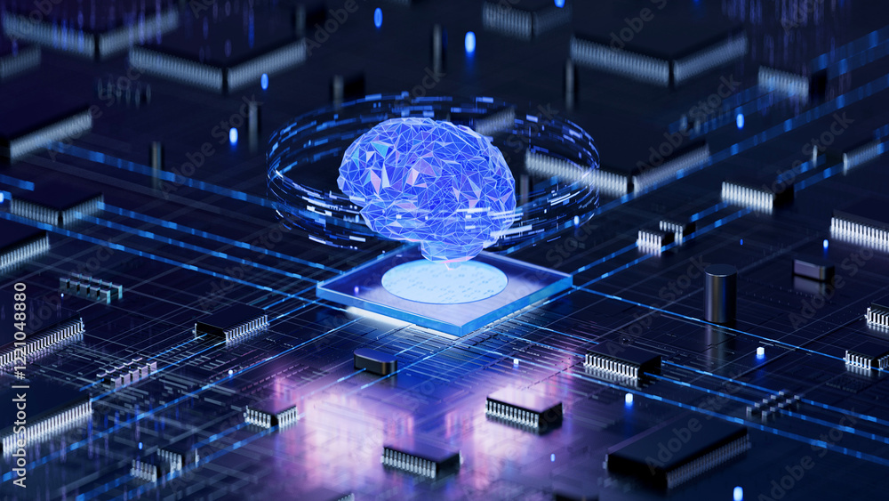 AI brain on circuit board symbolizes cognitive computing and technological intelligence. 3d rendering, conceptual image.