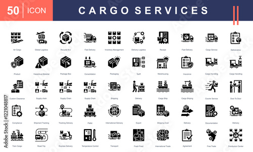 Icons for Cargo Services, featuring logistics, air cargo, delivery, warehousing, supply chain, packaging, tracking, international trade, and transport. Ideal for shipping and logistics projects.