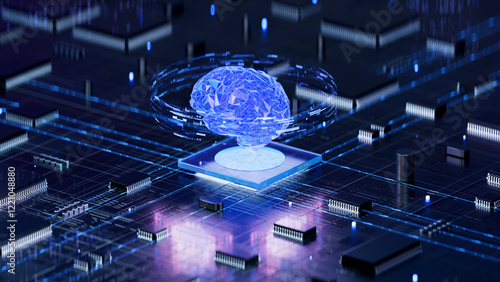 Obraz na płótnie AI brain on circuit board symbolizes cognitive computing and technological intelligence. 3d rendering, conceptual image. w salonie