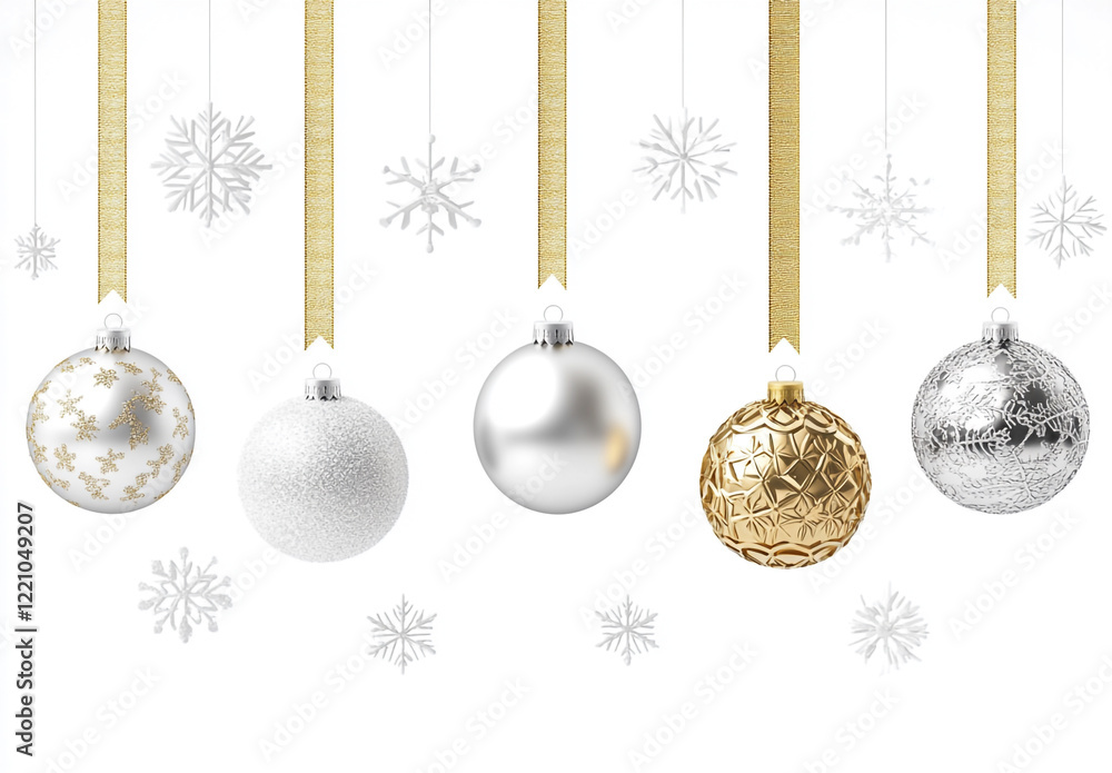 A festive arrangement of gold, silver, and white Christmas ornaments and snowflakes hanging against a white background. A festive arrangement of gold, silver, and white Christmas ornaments and snowflakes hanging against a white background.