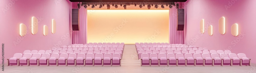 Fototapeta premium Modern purpose-built auditorium with pink seating and stage.