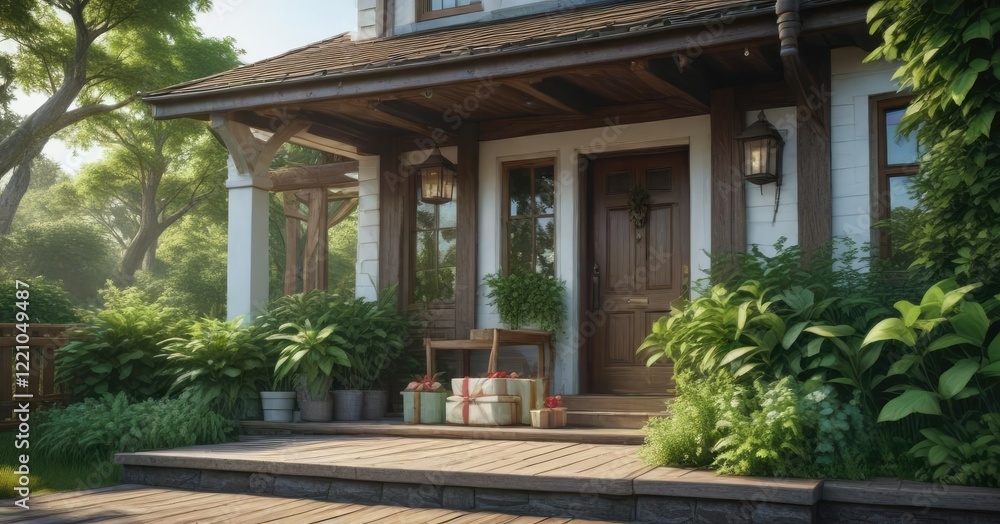 Fototapeta premium A charmingly wrapped present sits atop a wooden porch alongside lush green foliage and a traditional house entrance, home, porch, greenery