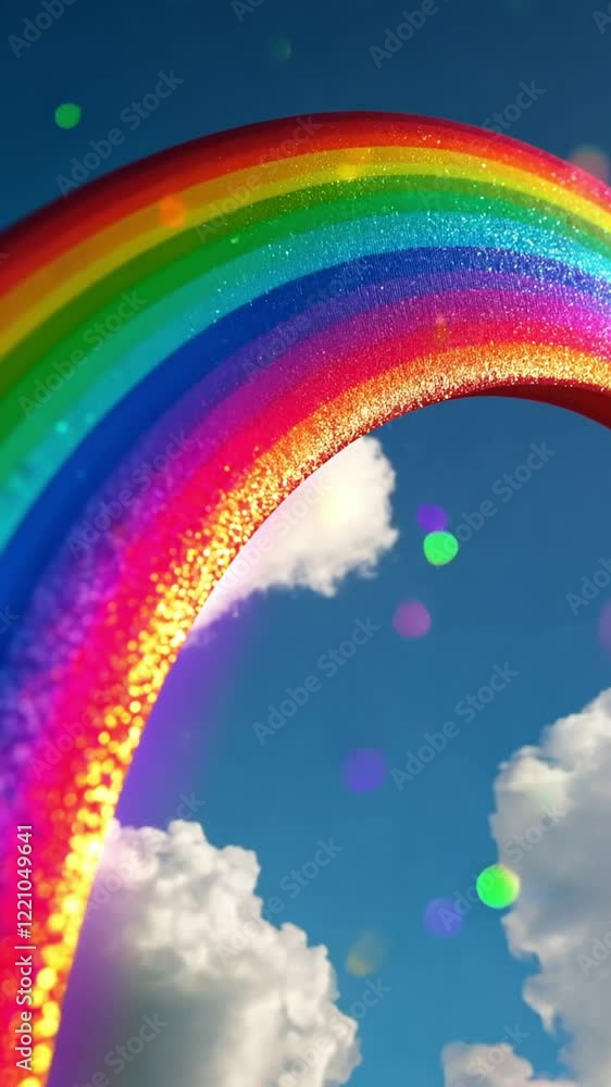 Rainbow arching across a clear blue sky with fluffy clouds Rainbow arching across a clear blue sky with fluffy clouds