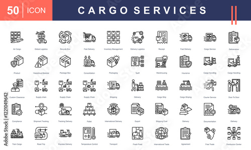 Icons for Cargo Services, featuring logistics, air cargo, delivery, warehousing, supply chain, packaging, tracking, international trade, and transport. Ideal for shipping and logistics projects.
