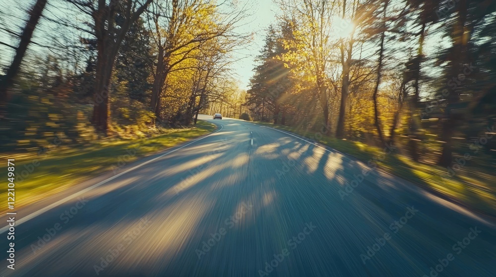 Fototapeta premium Driving through a sunlit forest road on a bright day