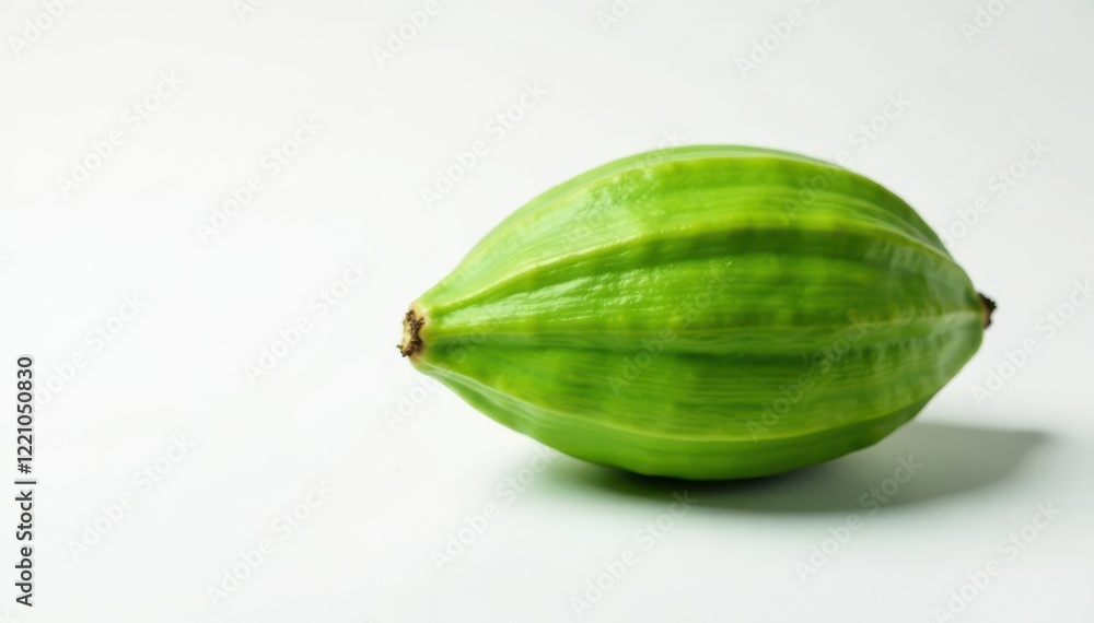 Intact green cocoa leaf, smooth surface, pure white backdrop, texture, high-resolution image, plant part Intact green cocoa leaf, smooth surface, pure white backdrop, texture, high-resolution image, plant part