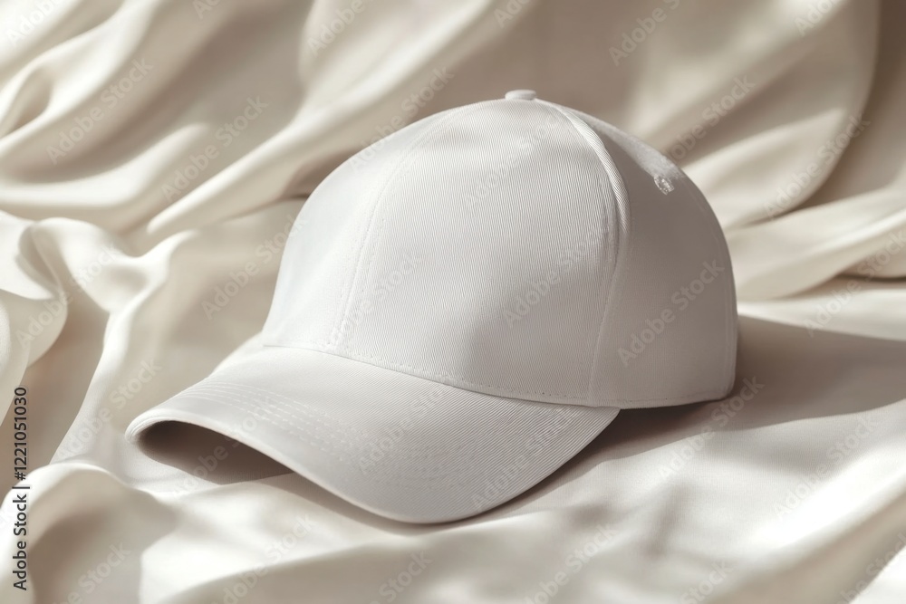 White Baseball Cap on Soft Silk Fabric with Natural Lighting White Baseball Cap on Soft Silk Fabric with Natural Lighting