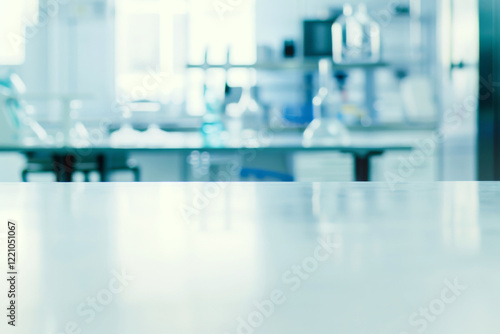 Empty lab countertop in a bright, blurry scientific lab setting. Concept of clinical research environment.
