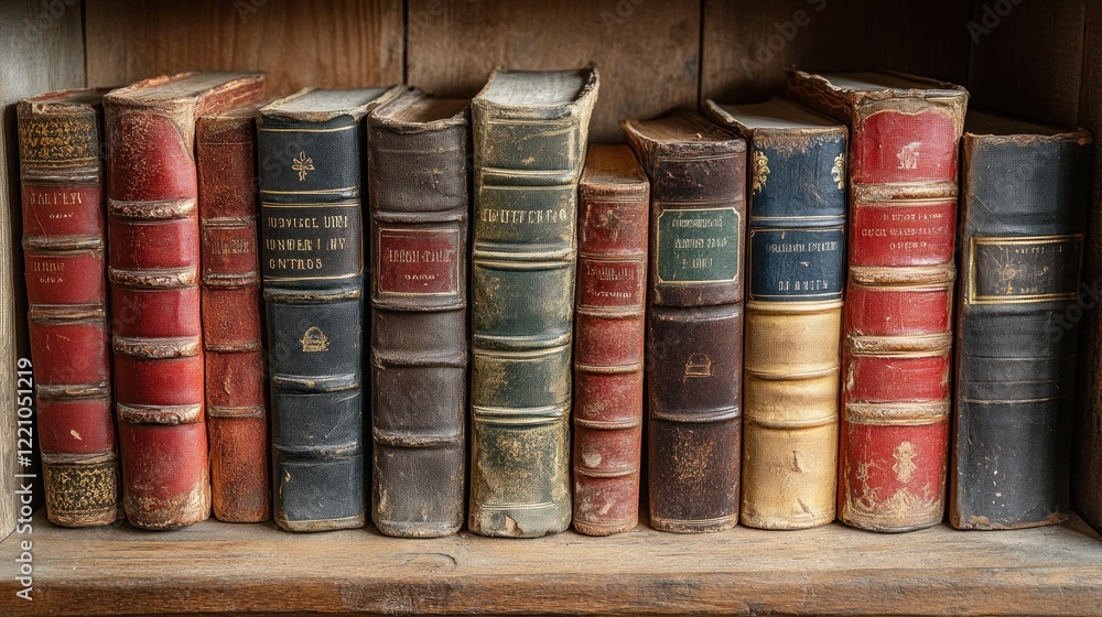 Antique Bookshelf Displaying Aged Leather Bound Volumes Antique Bookshelf Displaying Aged Leather Bound Volumes