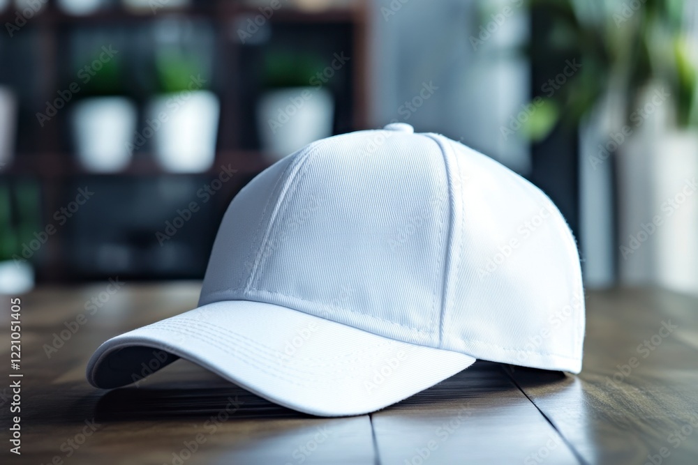 White Cap on Wooden Table with Blurred Background and Plants White Cap on Wooden Table with Blurred Background and Plants