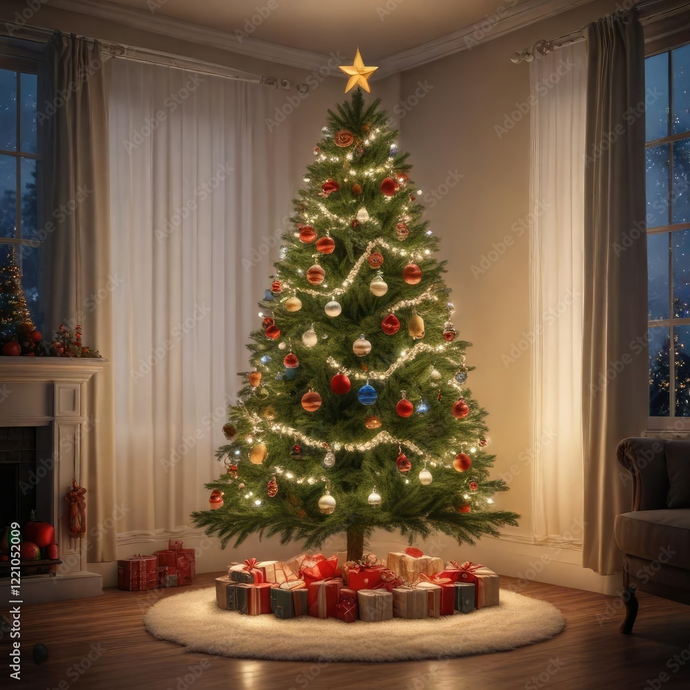 Christmas Eve tree decorated with lights and ornaments, sparkling decorations, holiday decor, seasonal lights Christmas Eve tree decorated with lights and ornaments, sparkling decorations, holiday decor, seasonal lights