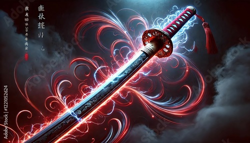 赤いエネルギーをまとう刀｜Katana with Red Energy Aura photo