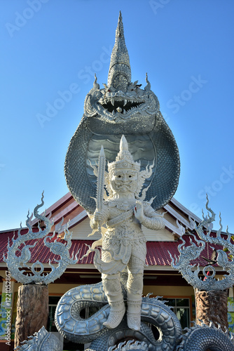 Obraz na płótnie Sisaket, Thailand, Wat Traisamakkee (Nak Island, Badal City), Pho Si Suwan District, Sisaket Province. January 16, 2025. Ancient Naga Or Antique Naka Statue Of Wat Traisamakkee (Nak Island, Badal City w salonie