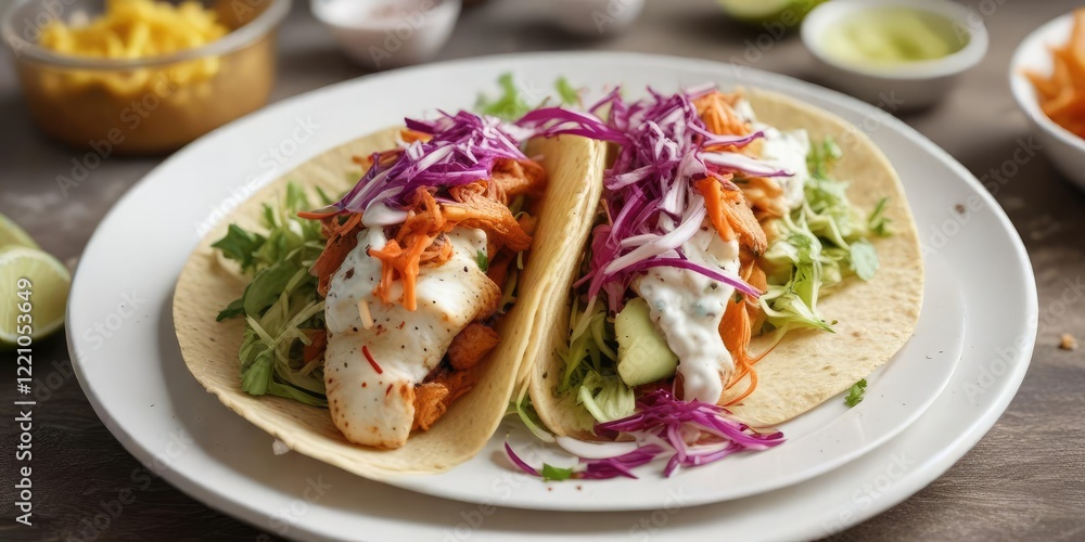 A colorful fish taco with crunchy slaw on a plain white plate, seafood salad, plain plate A colorful fish taco with crunchy slaw on a plain white plate, seafood salad, plain plate