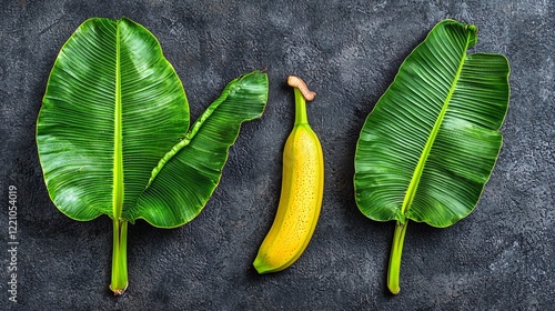 Banana fruit centered between two leaves on dark surface, for food or recipe use photo