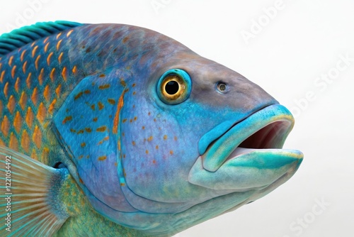 Close-up of Blue Victoria Mouthbrooder Fish's Face, snout, scales, blue coloration, blue victoria mouthbrooder, aquatic life photo