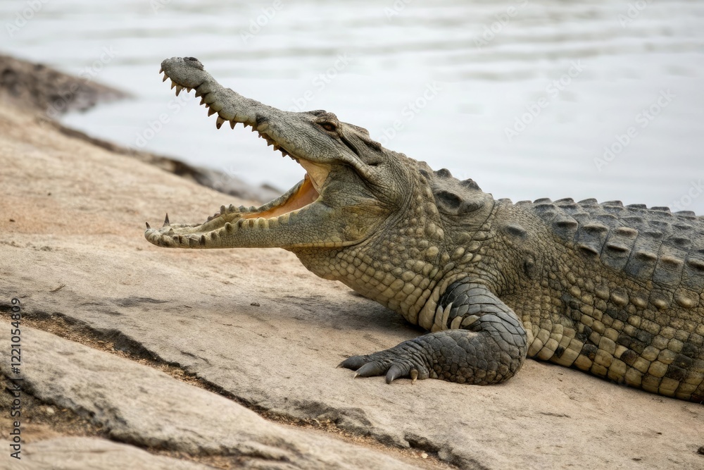 A large crocodile's jaws are stretched wide apart revealing a glimpse of the dark inner workings of its mouth, reptile, crocodile A large crocodile's jaws are stretched wide apart revealing a glimpse of the dark inner workings of its mouth, reptile, crocodile