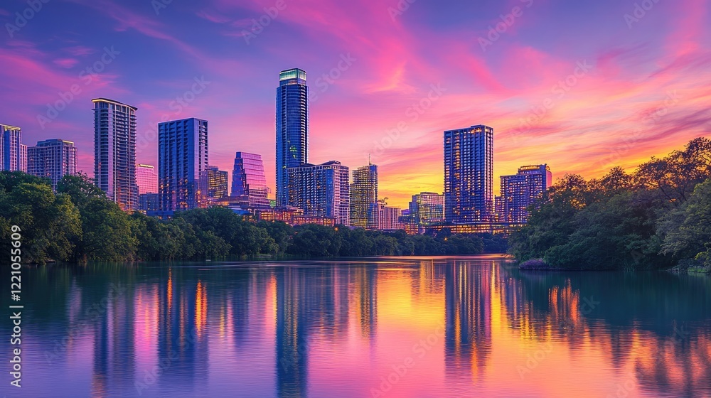 Fototapeta premium Austin Skyline Reflecting in Sunset Hues Over Water