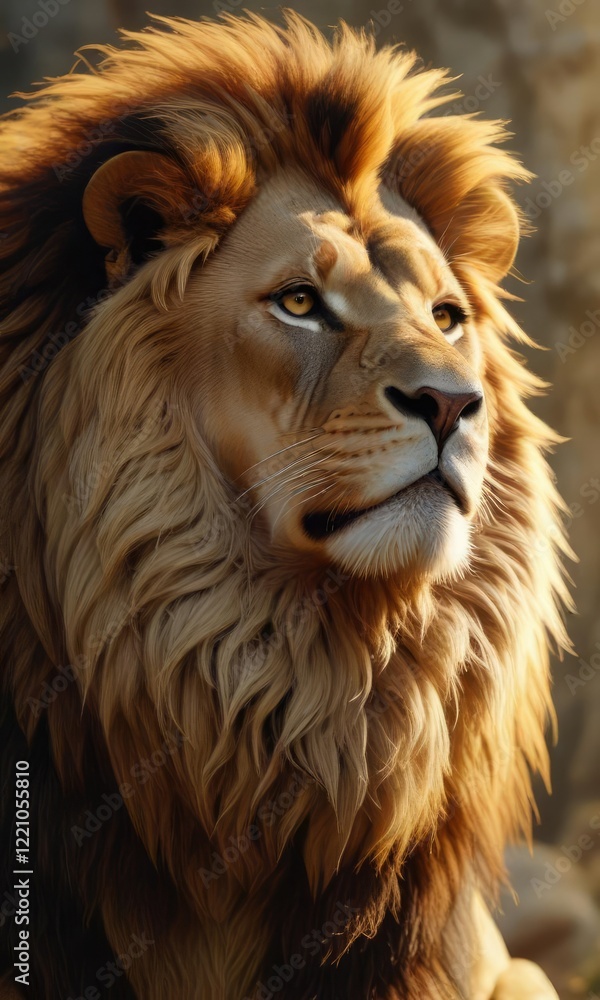 A lion's majestic mane cascading down its neck in a golden hue, wild, facial features A lion's majestic mane cascading down its neck in a golden hue, wild, facial features