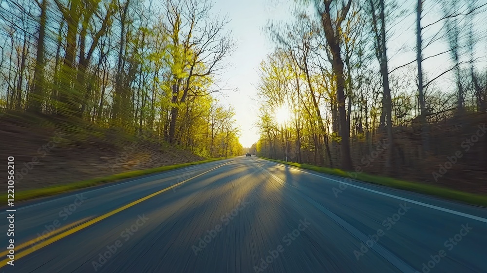 Fototapeta premium Driving through a sunlit forest road in springtime