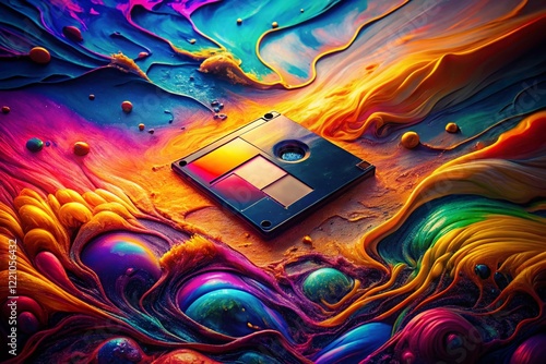 Surreal Melting Floppy Disk in Vibrant Dreamscape