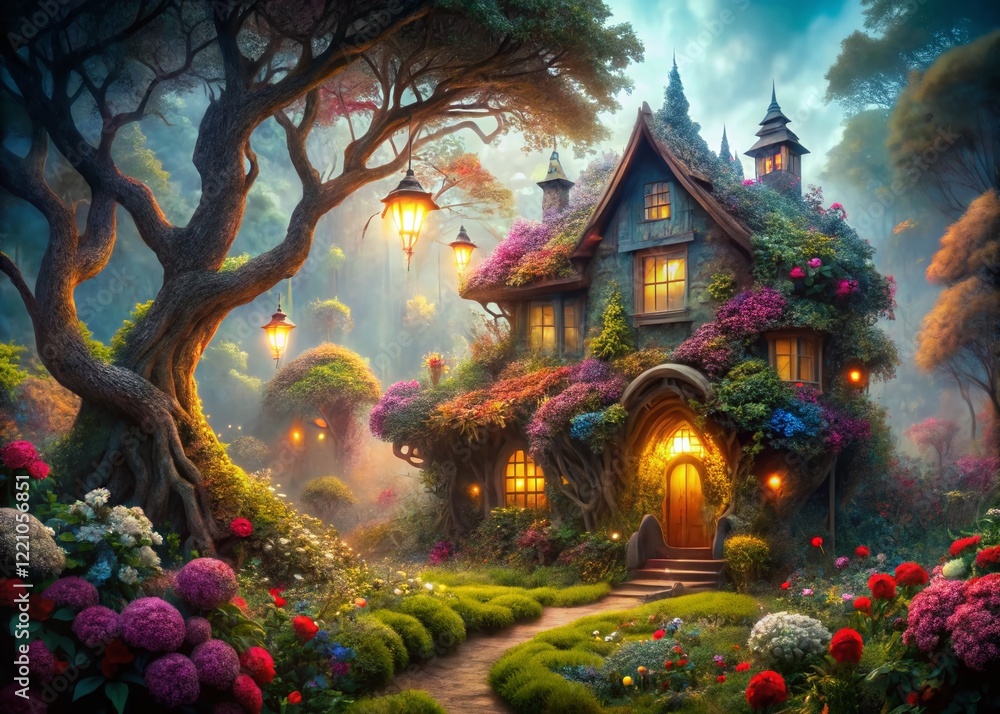 Obraz premium Surreal Old House in Lush Garden: Dreamlike Fantasy Landscape Photography