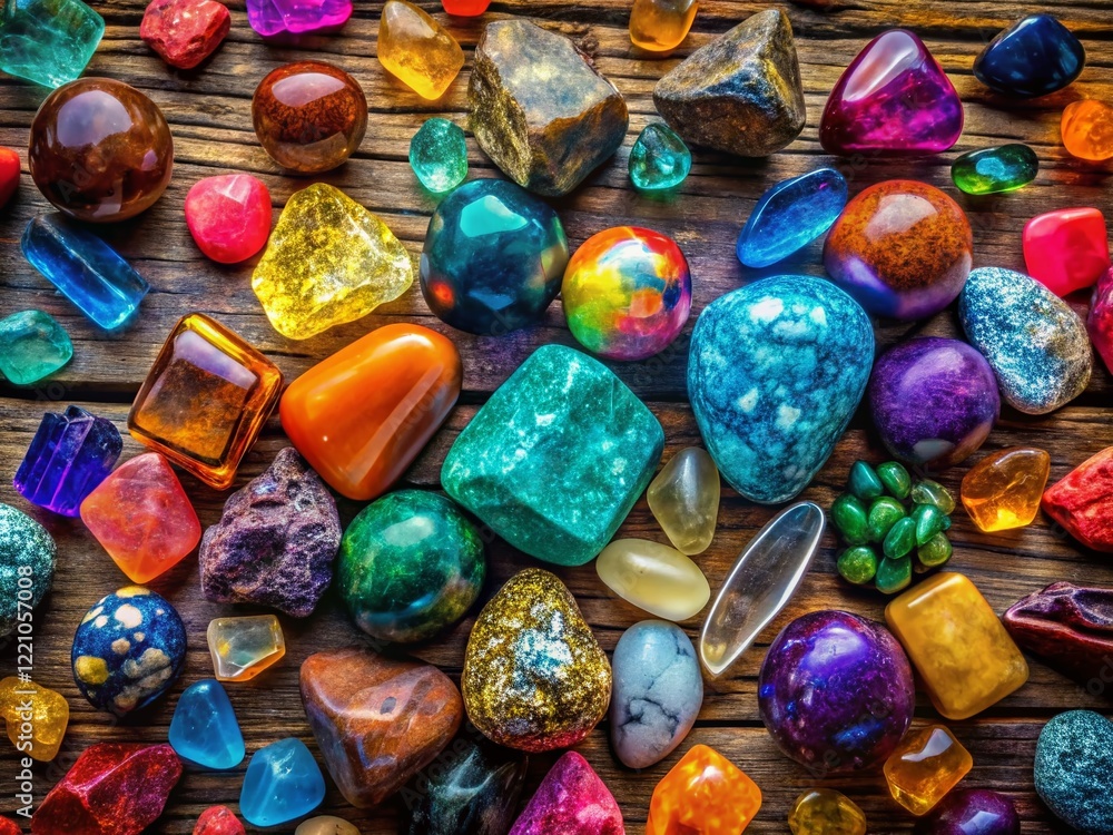 Surreal Photography: Vibrant Gemstones and Minerals on Rustic Wood Surreal Photography: Vibrant Gemstones and Minerals on Rustic Wood