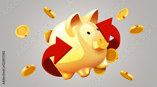 Piggy bank with Golden coins and arrows. Cashback or profit concept.