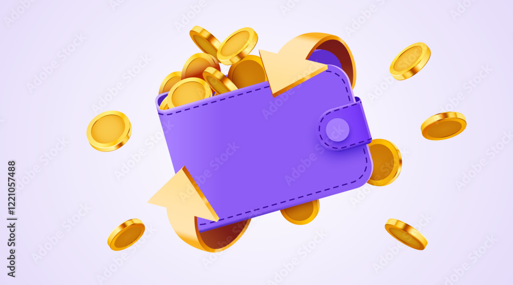 Fototapeta premium Realistic wallet with flying coins and arrows.