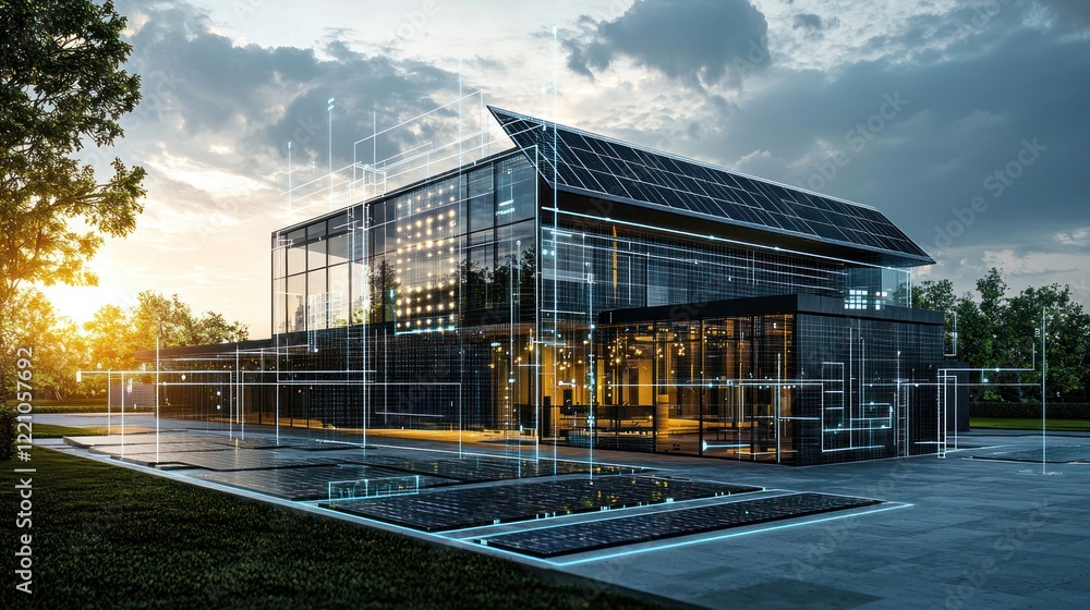 Obraz premium A modern intelligent building with glass walls, showcasing advanced smart technology and solar panels