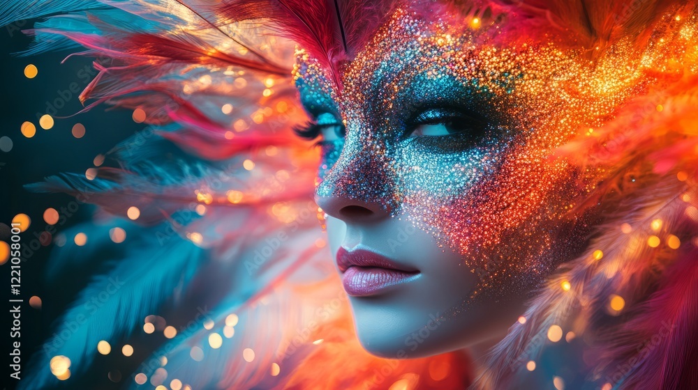 A festive Rio Carnival scene with glowing light trails, feathers, and masks in motion, capturing the essence of celebration A festive Rio Carnival scene with glowing light trails, feathers, and masks in motion, capturing the essence of celebration