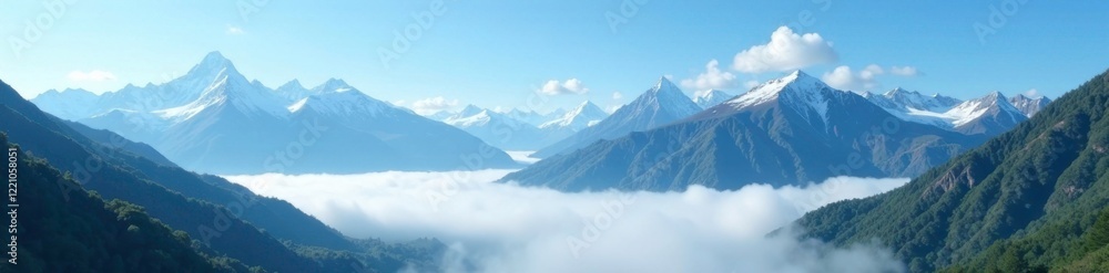 gentle mist rising from the base of majestic mountains against a bright blue sky, cloud, natural ambiance, calming gentle mist rising from the base of majestic mountains against a bright blue sky, cloud, natural ambiance, calming