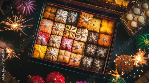 A beautifully open Diwali gift box showcasing an assortment of traditional Indian sweets, surrounded by vibrant festive decor and sparklers. photo