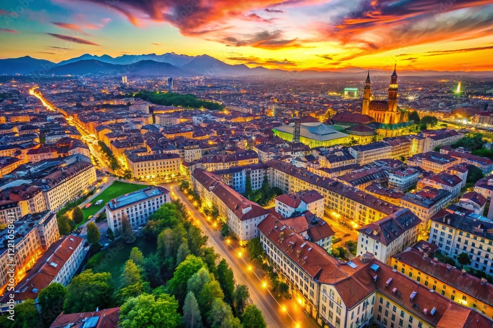 Obraz premium Surreal Turin City Map: Aerial Slider Shot, Italy - Dreamlike Landscape