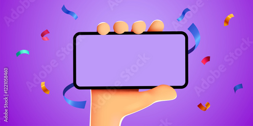 Cute 3D cartoon hand holding mobile smart phone with celebratory confetti flying around. Winner concept. Modern mockup.