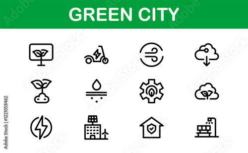 Eco Green City Icon Set. Minimalist Line Icons for Sustainability, Smart Cities, and Environmental Conservation Projects