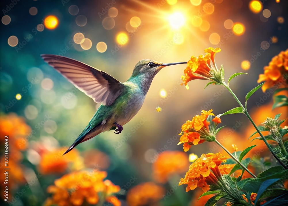 Fototapeta premium Surreal Vibrant Hummingbird Hovering Near Orange Flowers in Lush Garden