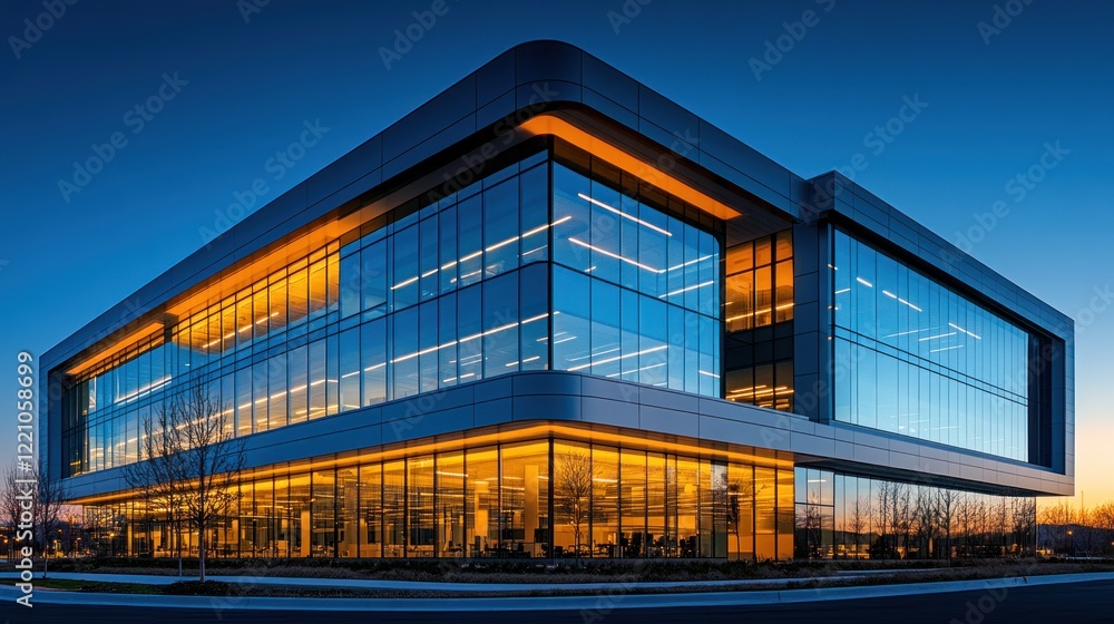 Modern Glass Office Building at Dusk Illuminates the Night Modern Glass Office Building at Dusk Illuminates the Night