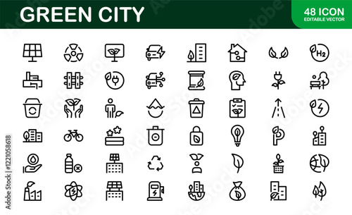 Eco Green City Icon Set. Minimalist Line Icons for Sustainability, Smart Cities, and Environmental Conservation Projects