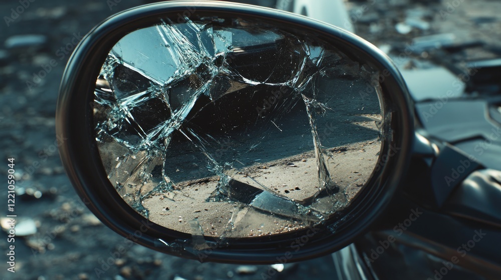 A broken car mirror with a road reflection, shattered glass scattered around, capturing the severity of a collision. A broken car mirror with a road reflection, shattered glass scattered around, capturing the severity of a collision.
