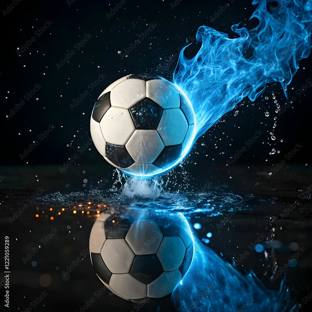 Fototapeta premium soccer ball on blue fire rotating with reflection