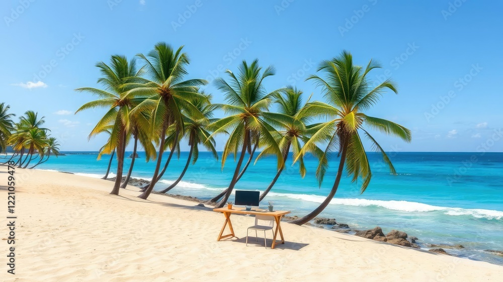 A minimalist office setup on the sand at a secluded cove surrounded by tall palm trees and overlooking the vast blue ocean, blue ocean, secluded cove A minimalist office setup on the sand at a secluded cove surrounded by tall palm trees and overlooking the vast blue ocean, blue ocean, secluded cove