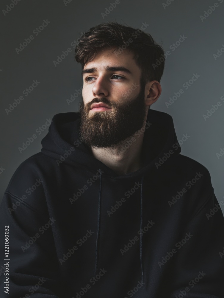 Fototapeta premium A man with a beard, wearing a plain black hoodie with a relaxed expression, posed naturally in a studio setup with soft white lighting.