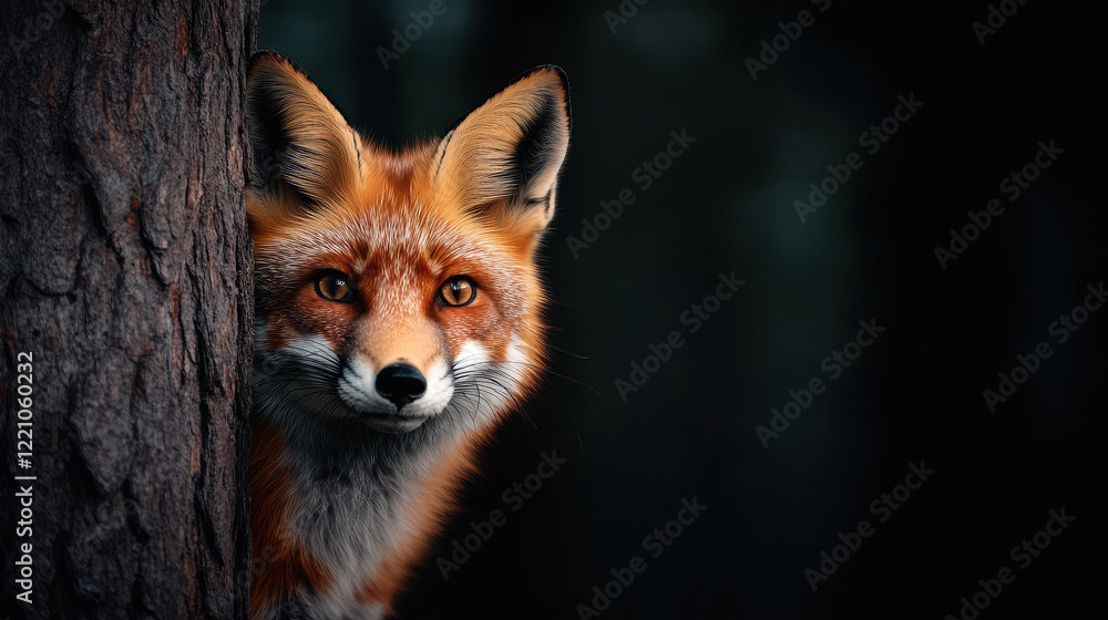 Red Fox in Forest: A captivating portrait of a red fox peering from behind a tree trunk, its intense amber eyes and striking fur highlighted against a dark, mysterious forest backdrop. Red Fox in Forest: A captivating portrait of a red fox peering from behind a tree trunk, its intense amber eyes and striking fur highlighted against a dark, mysterious forest backdrop.