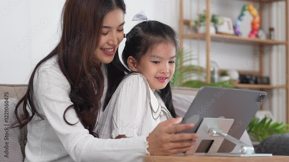 A mother and daughter are smiling and learning together using a tablet while sitting on the couch A mother and daughter are smiling and learning together using a tablet while sitting on the couch