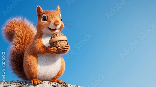 Cartoon Squirrel Joyfully Holding a Giant Acorn While Perched on a Rock Against a Clear Blue Sky, Perfect for Nature and Wildlife Themes