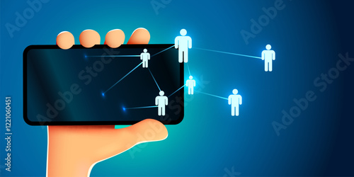 Hand holding smartphone with people icons. Social network or social media concept.