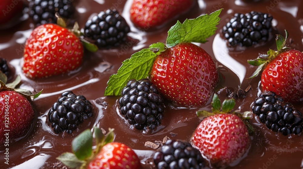 A close-up of ripe strawberries and blackberries laying on rich melted chocolate with sprigs of mint, offering a tempting treat. A close-up of ripe strawberries and blackberries laying on rich melted chocolate with sprigs of mint, offering a tempting treat.